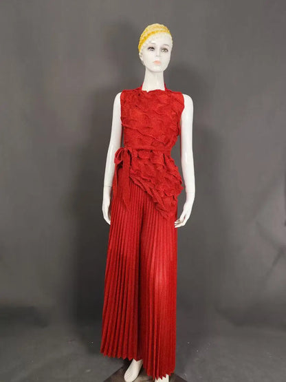 Women's Casual Sleeveless Blouse and Loose Wide Leg Pants Two-piece Set