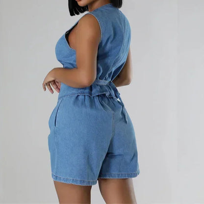 Summer V Neck Sleeveless Waistcoats Women Two Piece Sets Straight Denim Shorts Female Suits
