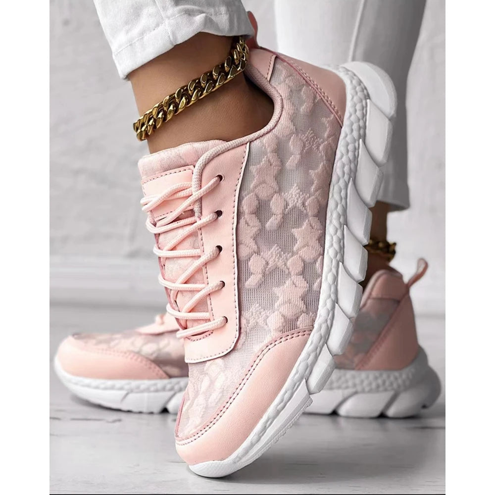 Women Star Pattern Lace-up Breathable Sneakers Daily Casual Round Toe White Sports Shoes Running Shoes