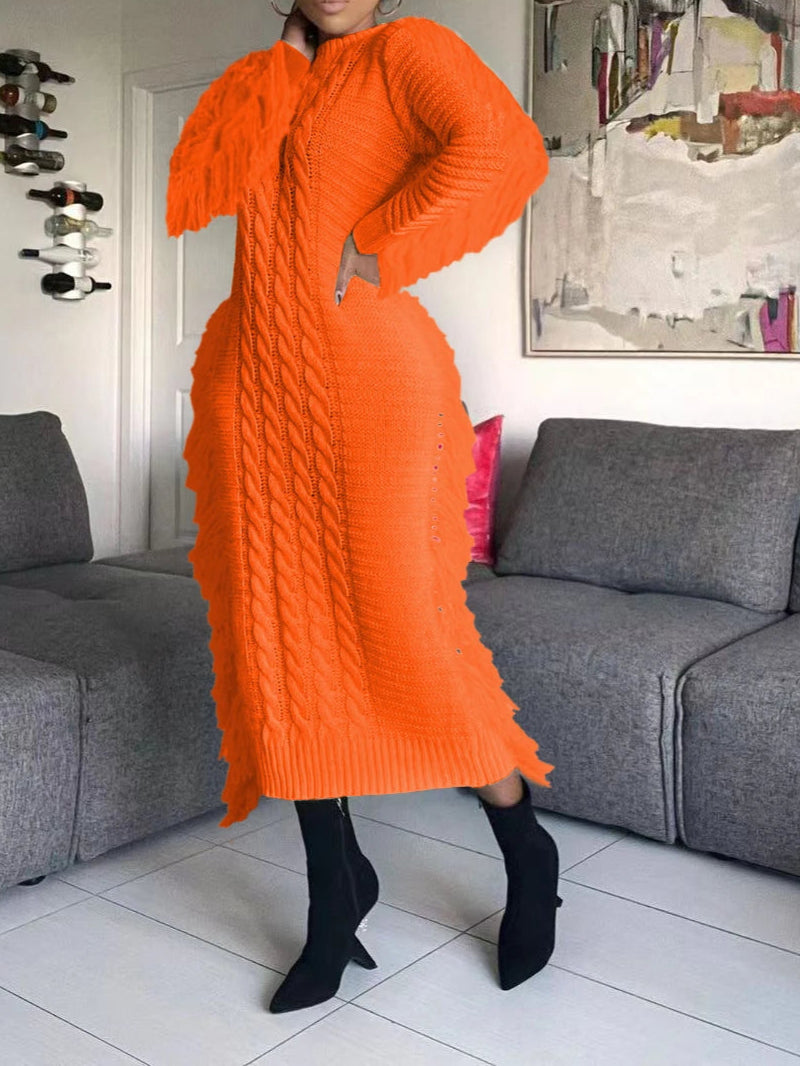 Women Long Sleeve Tassel Bodycon Midi Knit Dress O-neck Sweater Dress