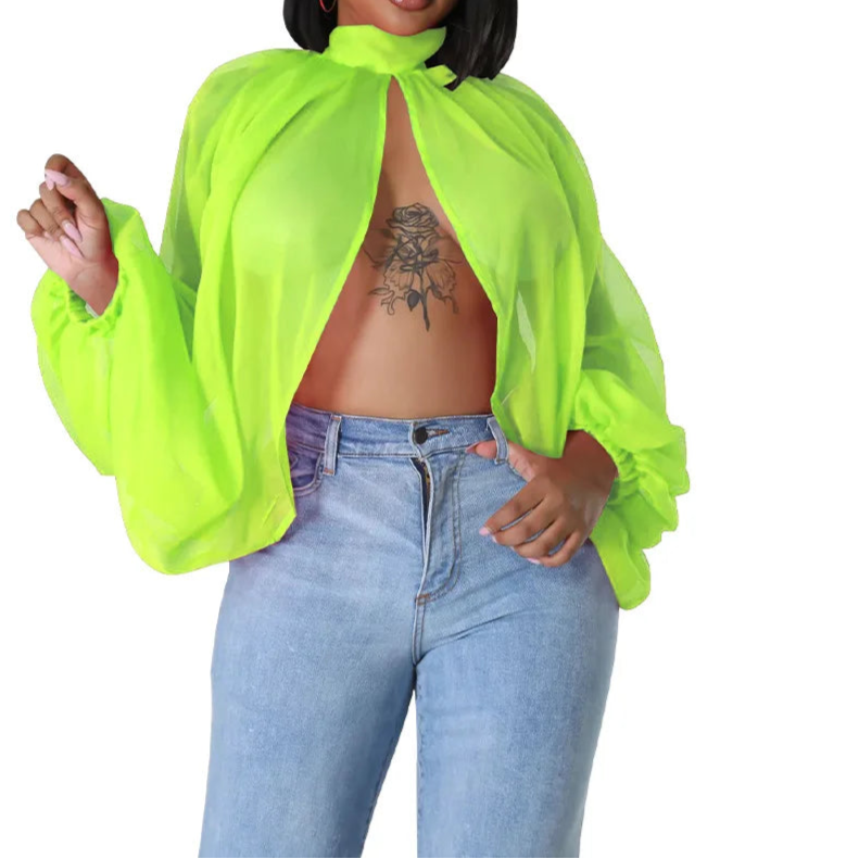 Womens Chiffon Blouse Sexy See Through Lantern Sleeve Front Back Open High Neck Blouses Tops