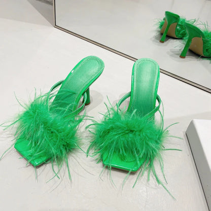 Fur Feather High Heels Slippers Sandals Women Summer Mules Ladies Shoes