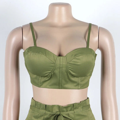 Sexy Zip Crop Camisole and High Waisted Drawstring Wide Leg Trousers 2 Piece Women Pants Suit Streetwear