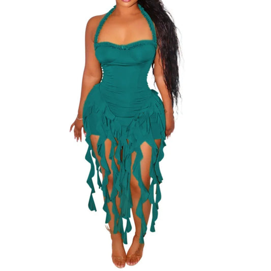 Women Sleeveless Strapless Halter Long Dress Summer Tassel Evening Dress