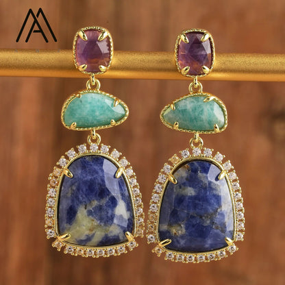 Luxury Crystal Earrings Wedding Jewelry Healing Natural Gemstone Amethysts Amazonite Labradorite Stud Earring Gift to Women