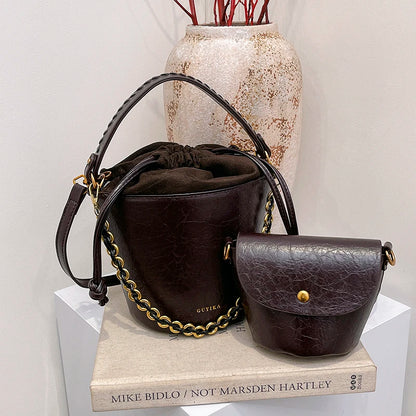 Retro Bucket Crossbody Bags For Women Oil-waxed Leather 2-IN-1 Chain Shoulder Bag