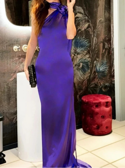 Bridesmaids Neck 3D Flower Backless Long Dress Women Purple Sleeveless Ribbon Draped Maxi Dress
