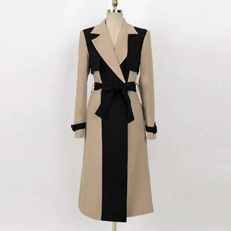 Contrast Full Sleeve Buttons Belted Women Long Trench Coats