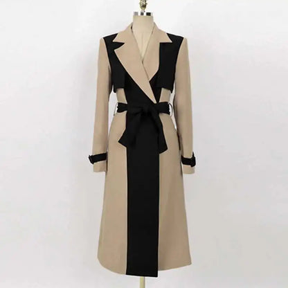 Contrast Full Sleeve Buttons Belted Women Long Trench Coats
