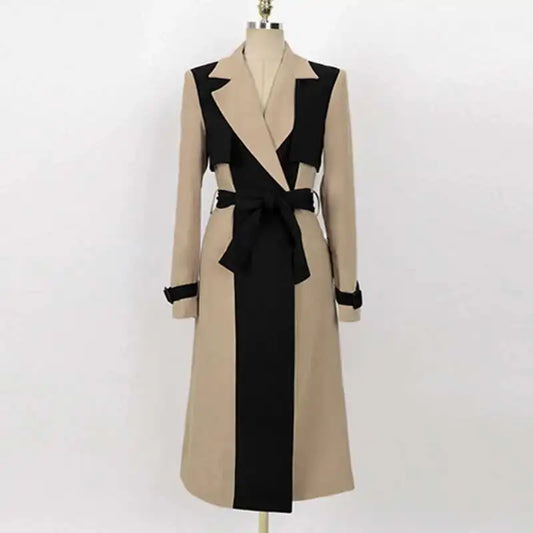Contrast Full Sleeve Buttons Belted Women Long Trench Coats