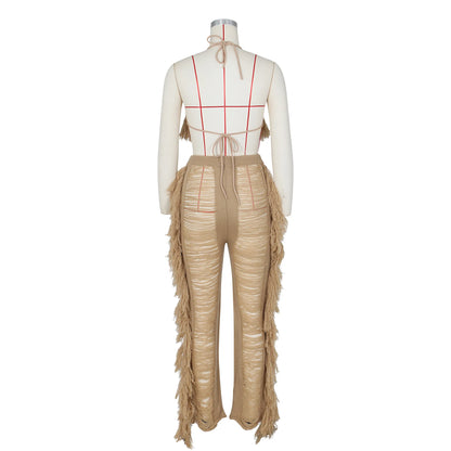 Tassel Knitted Pants Two Piece Set Resort Outfit Vacation Outfit Beach Cover Up