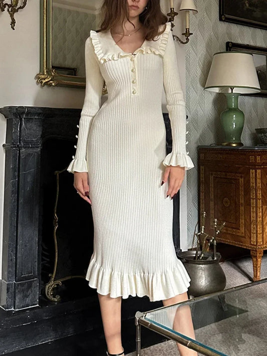 Retro Elegant High Waist Ruffled Maxi Sweater Dresses Knitted Dress