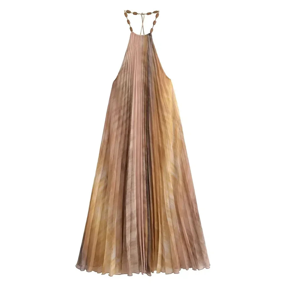 women's backless design with beaded embellishments tie dyed hanging neck collar pleated dress
