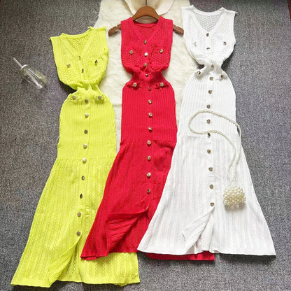 Casual Knitting Long Dress Women Buttons V Neck Hook Flower Hollow Out Chic Maxi Long Dress