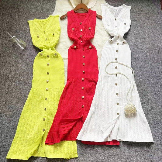 Casual Knitting Long Dress Women Buttons V Neck Hook Flower Hollow Out Chic Maxi Long Dress
