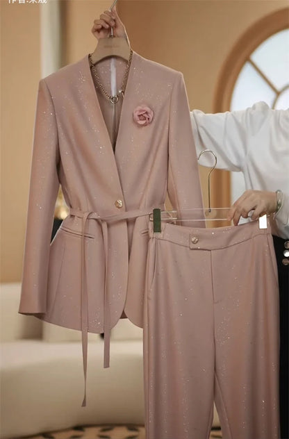 professional sequined suit wide leg pant suit women pants + blazer