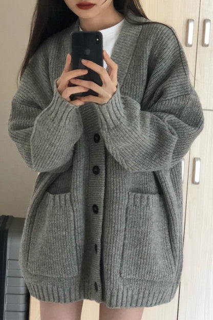 Women Cardigan Long Sleeve V-neck Loose Knitted Sweater Cardigan
