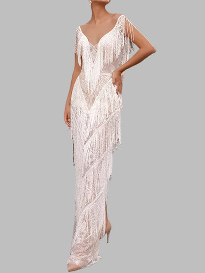 Wedding Guest Dress Deep V Neck Tassels Dress Evening Prom Gown