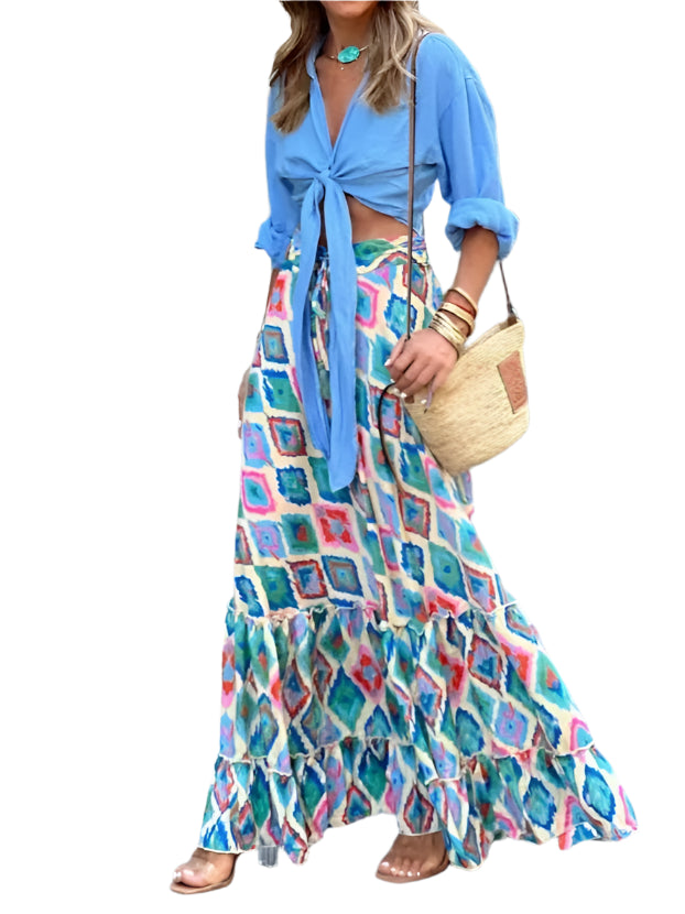 Bohemian Style Printed A-line Skirt Women Fashion Beach Vacation Loose Drawstring Ruffles Skirts Female  Summer New Streetwear
