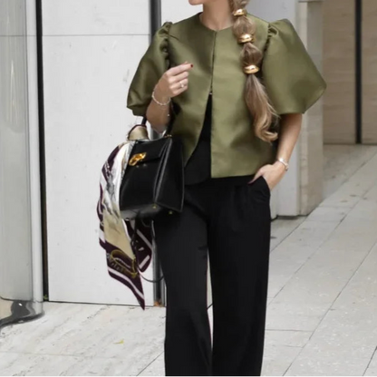 Solid Satin Women's Blouse Top With Pouf Balloon Sleeve O Neck Loose Blouses