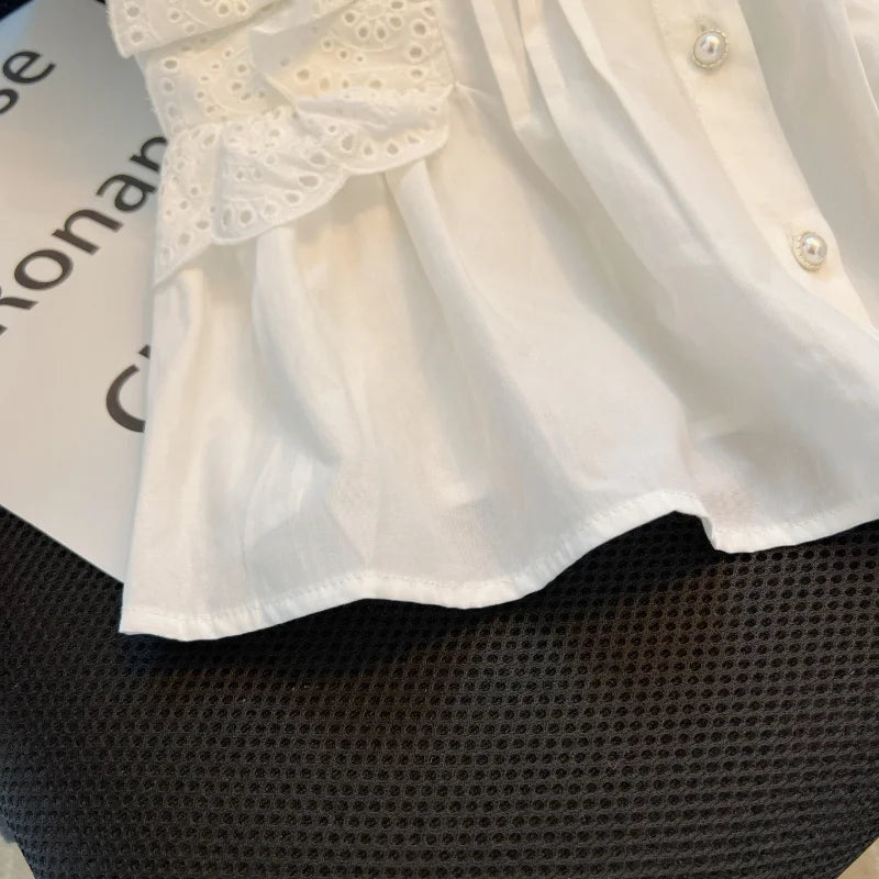 Flying Sleeve White Shirts Vintage Sleeveless Ruffled Lace Blouse for Woman