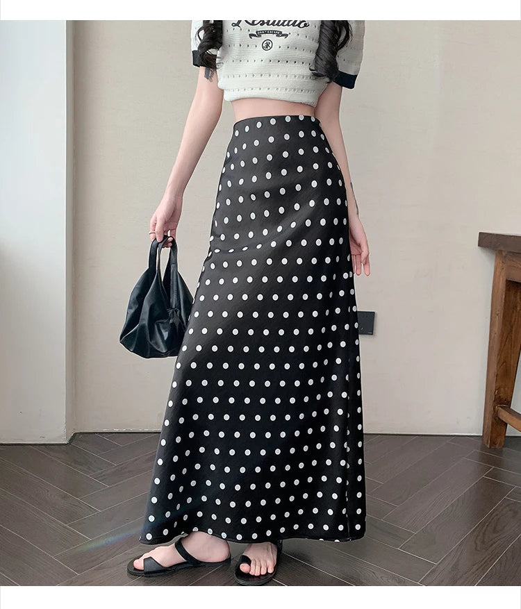 Polka Dot Satin Skirt Women's High Waist Versatile Elegant Dot Long Skirt