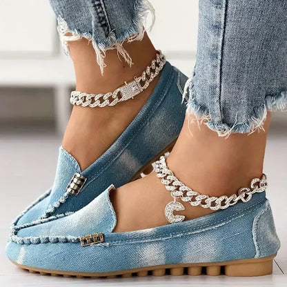 Women Denim Flats Round Toe Thick Bottom Walking Flat Shoes