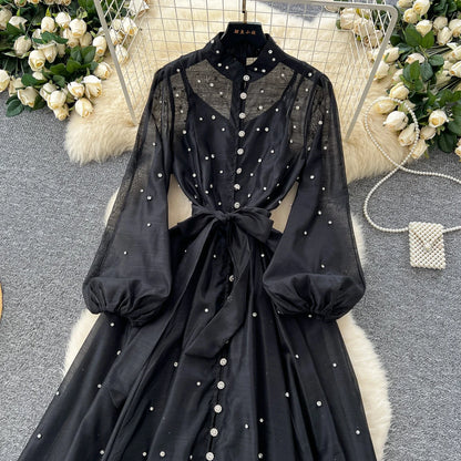 Elegant Lantern Sleeves Vintage Stand Collar Chic Single Breasted Rhinestone Bandage Slim High Street Long Dresses