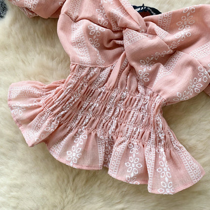 Jacquard Blouse Square Collar Puff Sleeves Elastic Slim Crop