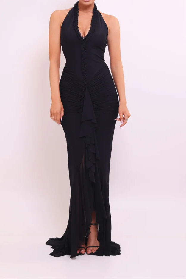 Halter V Neck Backless Sexy Maxi Dress Women Evening Gown Ruffle Dress