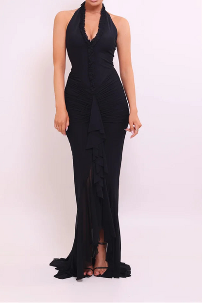 Halter V Neck Backless Sexy Maxi Dress Women Evening Gown Ruffle Dress