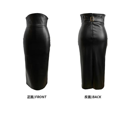 Midi Black Soft Pu Leather Pencil Skirt Women Back Slit Belt High Waist Office Skirts