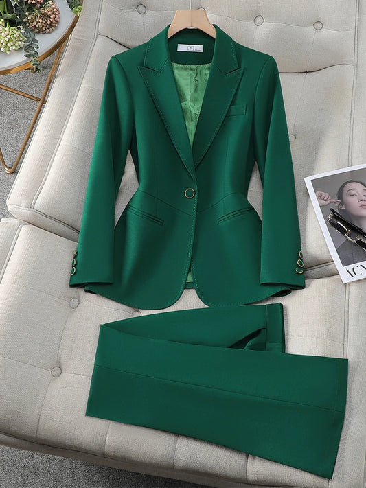 Formal Pant Suit 2 Piece Set Women Green Khaki Red Female Long Sleeve Business Work Wear Blazer