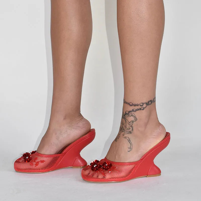 Women Summer Wedges Mesh Shoes Flower Round Toe Slip-On Hollow High Heeled sandals
