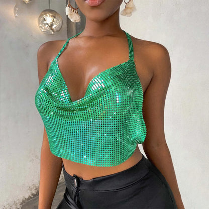 Sexy Sequins Metal Crop Tops Women Suspenders Halter Backless Night Club Tank Top
