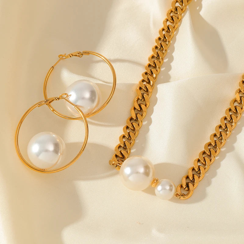 Stainless Steel Exaggerated Large Pearls Necklace Earrings Set For Women