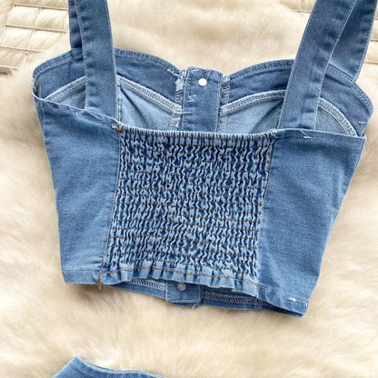 Denim Skirt Stets Two Pieces Sleeveless Tanks Top and Pleated Mini Skirt