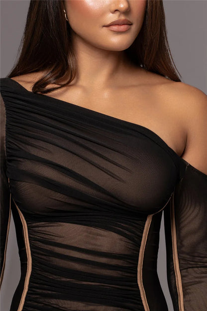 Diagonal Collar Long Sleeve Midi Bodycon Dress For Women Two Layer Mesh