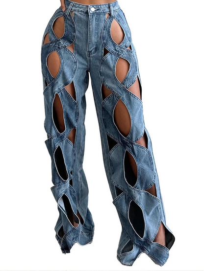 Stretchy Cross Hollow Out Loose Denim Cargo Pants for Women