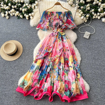 Off Shoulder Gorgeous Flower Holiday Dress Women's Wedding Guest Ruffles Batwing Sleeve Midi Dress