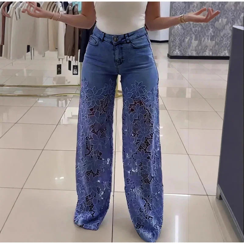 Urban Crochet Denim Women Pants Hollow Out Zippers Pocket Button Female Trousers