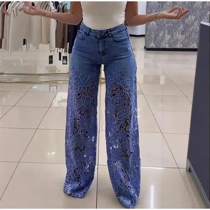 Urban Crochet Denim Women Pants Hollow Out Zippers Pocket Button Female Trousers