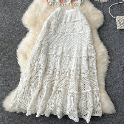 Bohemian Vintage Knit Two Piece Tank Tassels Crop Tops+Loose Hooked Hollow Out Skirt Beach Outfit