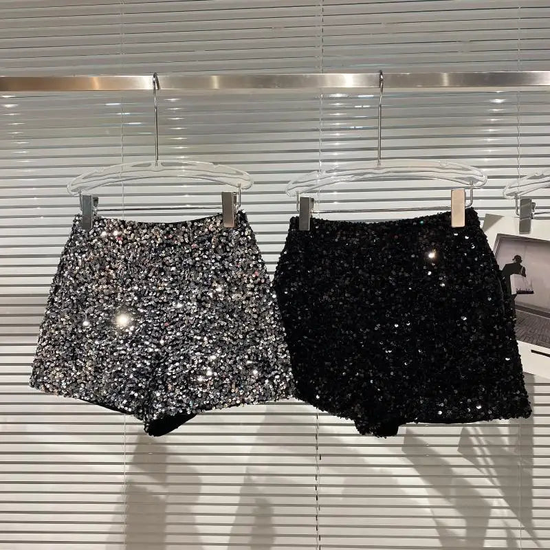 Black Velvet Sequin Shorts Women Sequined Shiny Versatile Short Pants Clubwear Shorts Hot Pants High Street