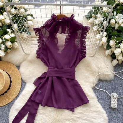 Sweet Ruffles Chiffon Blouses Women Sleeveless V Neck Retro Lace Up Blouse