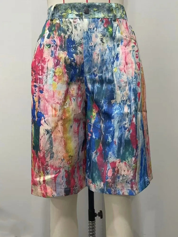 Women's Pockets Graffiti Shorts Hot Casual Summer Shorts Mid Waist Short