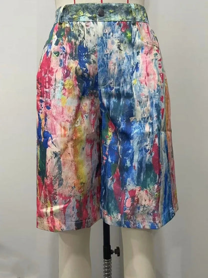 Women's Pockets Graffiti Shorts Hot Casual Summer Shorts Mid Waist Short