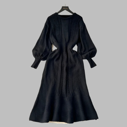 Lazy Style Round Neck Waist Wrapped Slim Mid Length Bubble Sleeve Knitted Dress