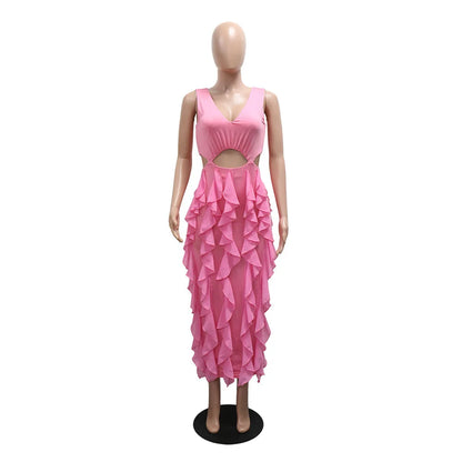 Wedding Guest Dress Women Sleeveless V-neck Ruffle Bodycon Midi Dress Birthday Outfit
