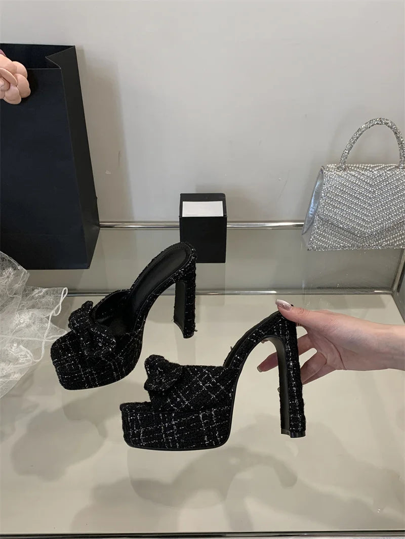 Pink Cloth Bowknot Designer Sandal Square Toe Super High Heels Platform Slippers for  Women